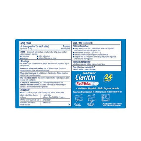 Claritin, Loratadine Antihistamine 24 Hour Allergy Reditabs, 10 Mg, 10 tabs Claritin