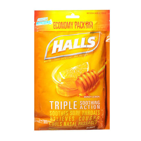 Halls, Cough And Throat Relief Menthol Drops Honey Lemon, 80 Count Halls