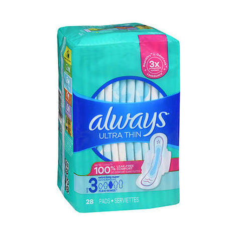 Always Discreet, Always Ultra Thin Pads With Flexi-Wings Extra Long Super Absorbency Size 3, 28 Each Always Discreet