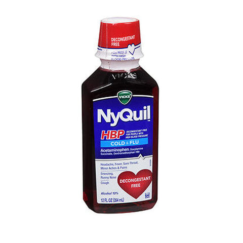 NyQuil, Hbp Cold And Flu Liquid Cherry Flavor, 12 Oz Vicks