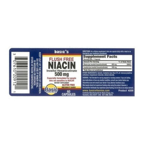 Basic Vitamins, Niacin Capsules Flush Free, 500 mg, 60 Count Basic Vitamins