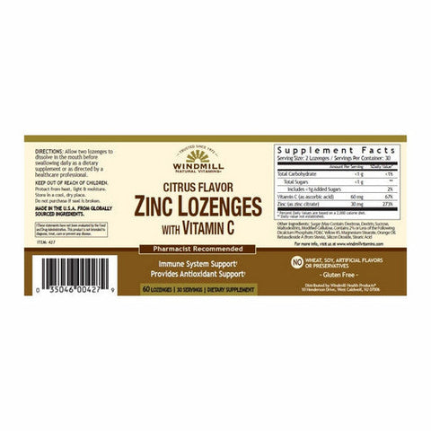 Windmill Health, Zinc Lozenges With Vitamin C Citrus Flavor, 60 Count Windmill Health