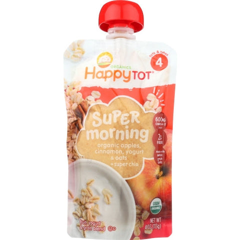 Happy Tot, Super Morning Organic Apples Cinnamon Yogurt And Oats with Superchia Baby Food Pouch, 4 Oz(Case Of 16) Happy Tot