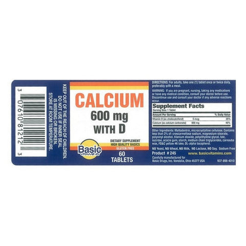 Basic Vitamins, Calcium With D, 600 Mg, 60 Tabs Basic Vitamins