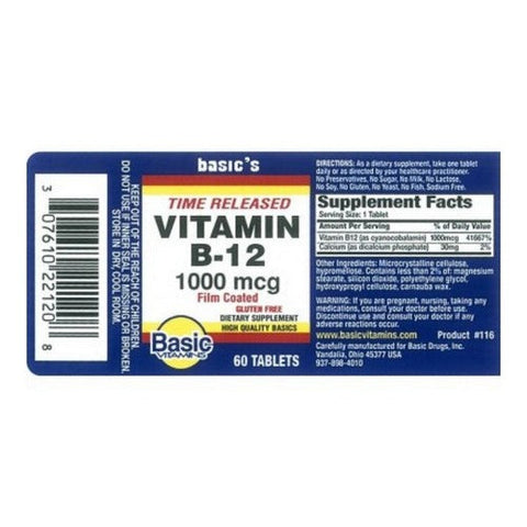 Basic Vitamins, Time Released Vitamin B12, 1000 Mcg, 60 Tabs Basic Vitamins