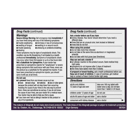 Allegra, Hives Fexofenadine HCL Tablets, 180 Mg, 30 Tabs Allegra