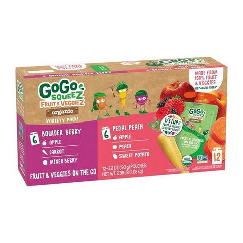 Gogo Squeez, Organic Fruit And Veggiez Variety Pack Pedal Peach Boulder Berry, 3.2 Oz X 12 Count (Case Of 6) Gogo Squeez