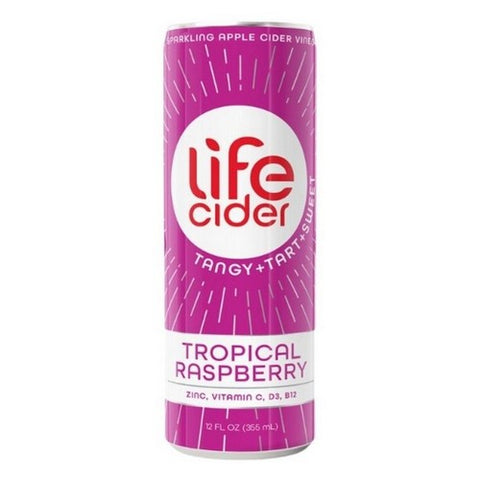 Life Cider, Sparkling Apple Cider Vinegar Beverage Tropical Raspberry, 12 Oz (Case Of 12) Life Cider
