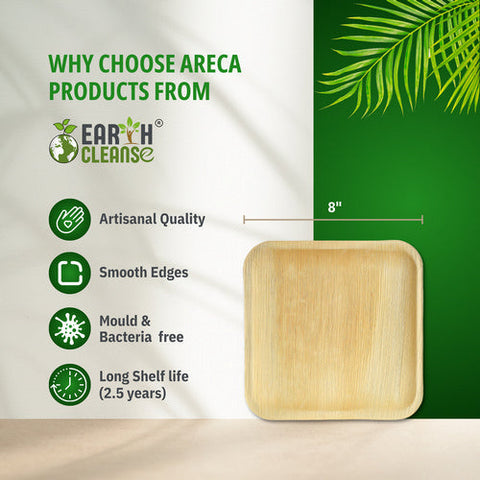 Earth Cleanse, Areca Palm Leaf Square Plates 8-Inch, Pack of 25 Earth Cleanse