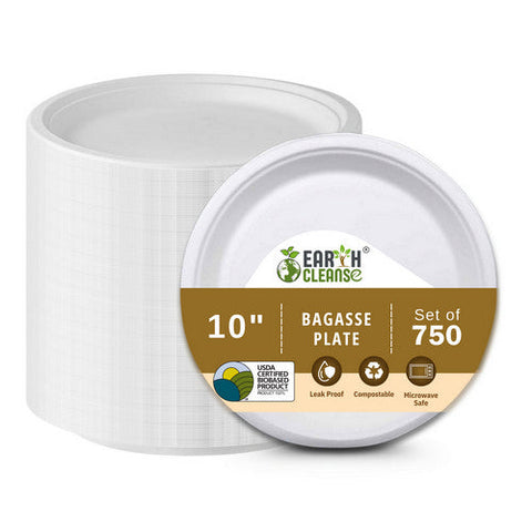 Earth Cleanse, 10" Round Bagasse Plates Premium, 750 Pack Earth Cleanse