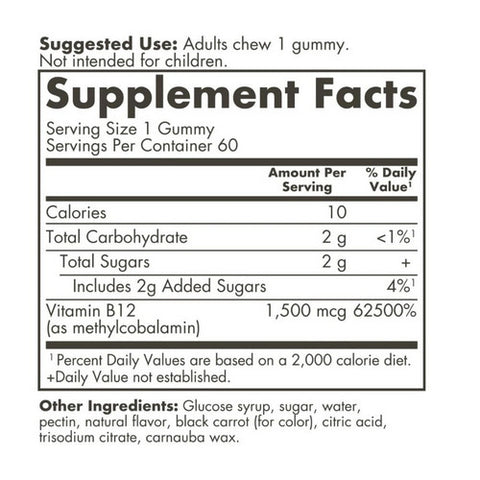 Solgar, Ultra Potency Vitamin B12 Gummies Raspberry, 1500 Mcg, 60 Count Solgar