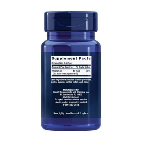 Life Extension, Low Dose Vitamin K2 Menaquinone - 7 (Mk-7), 45 mcg, 90 Softgels Life Extension