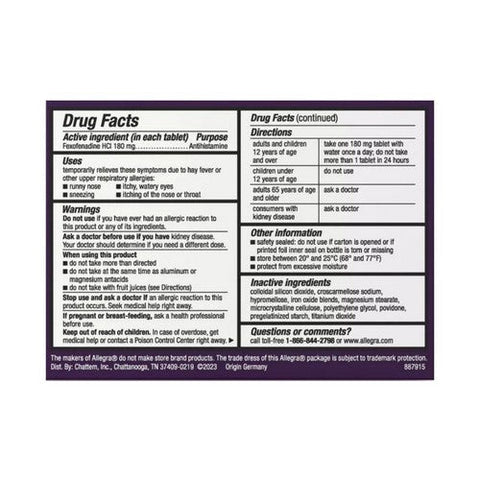 Allegra, Allergy 24 Hr Fexofenadine Hcl Antihistamine Tablets, 180 Mg, 30 Tabs Allegra