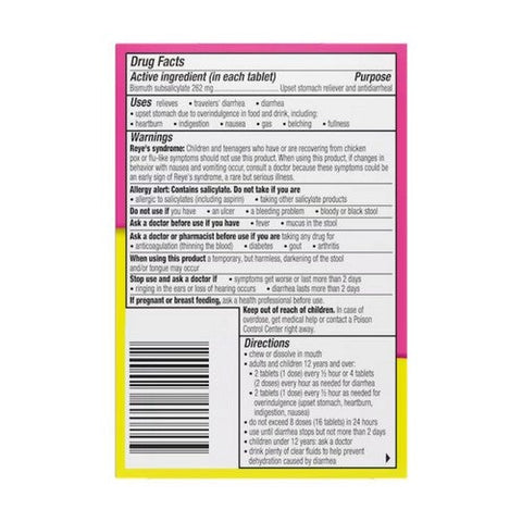 Pepto-Bismol, Bismuth Subsalicylate Upset Stomach Reliever Antidiarrheal Chewable, 48 Tablets Pepto-Bismol